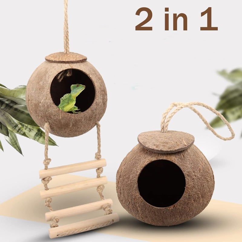 RUNANIA Crested Gecko Tank Accessories, Reptile Vines and Plants Coco Hut Coconut Shell with Ladder Hideout Cave Habitat Decor for Climbing Lizard Leopard Gecko Tortoise Amphibians Hermit Crab - Image 5
